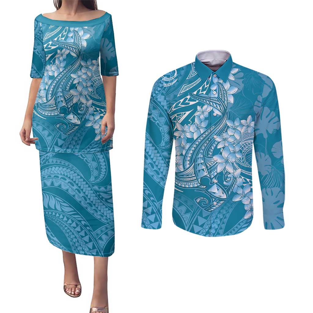 Blue Polynesia Hammerhead Shark Tattoo With Plumeria Lei Couples Matching Puletasi and Long Sleeve Button Shirt LT14 Blue - Polynesian Pride