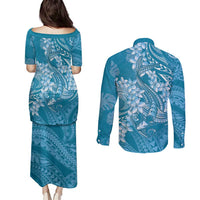 Blue Polynesia Hammerhead Shark Tattoo With Plumeria Lei Couples Matching Puletasi and Long Sleeve Button Shirt LT14 - Polynesian Pride