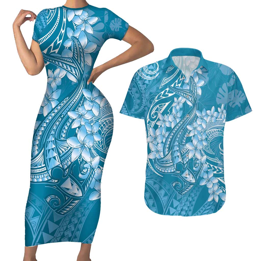 Blue Polynesia Hammerhead Shark Tattoo With Plumeria Lei Couples Matching Short Sleeve Bodycon Dress and Hawaiian Shirt