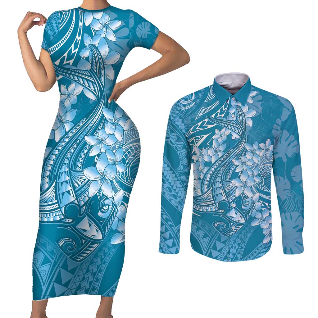 Blue Polynesia Hammerhead Shark Tattoo With Plumeria Lei Couples Matching Short Sleeve Bodycon Dress and Long Sleeve Button Shirt LT14 Blue - Polynesian Pride