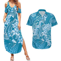 Blue Polynesia Hammerhead Shark Tattoo With Plumeria Lei Couples Matching Summer Maxi Dress and Hawaiian Shirt