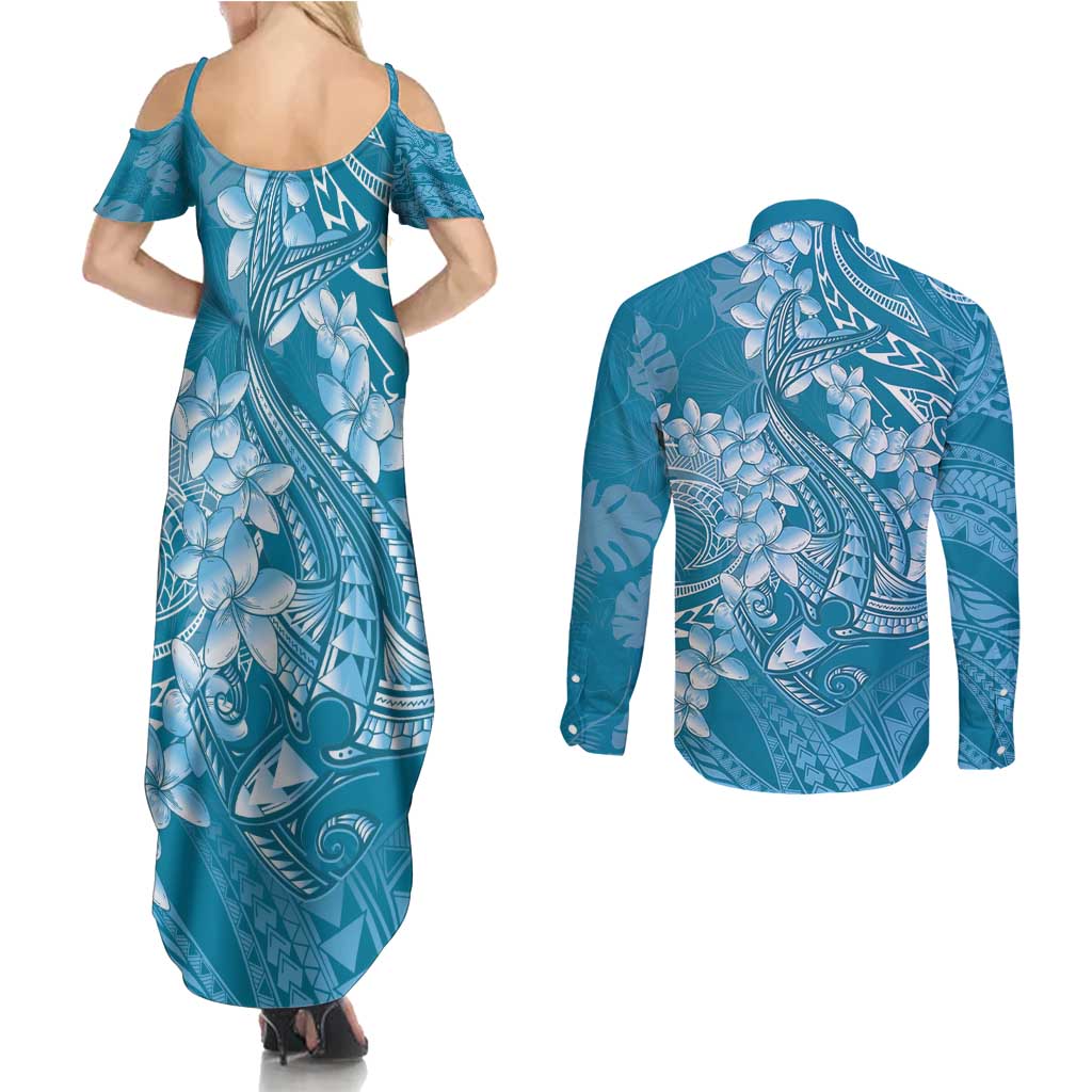 Blue Polynesia Hammerhead Shark Tattoo With Plumeria Lei Couples Matching Summer Maxi Dress and Long Sleeve Button Shirt