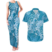 Blue Polynesia Hammerhead Shark Tattoo With Plumeria Lei Couples Matching Tank Maxi Dress and Hawaiian Shirt