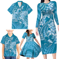 Blue Polynesia Hammerhead Shark Tattoo With Plumeria Lei Family Matching Long Sleeve Bodycon Dress and Hawaiian Shirt