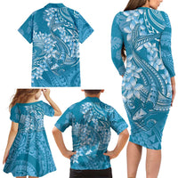 Blue Polynesia Hammerhead Shark Tattoo With Plumeria Lei Family Matching Long Sleeve Bodycon Dress and Hawaiian Shirt