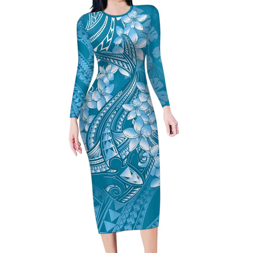 Blue Polynesia Hammerhead Shark Tattoo With Plumeria Lei Family Matching Long Sleeve Bodycon Dress and Hawaiian Shirt