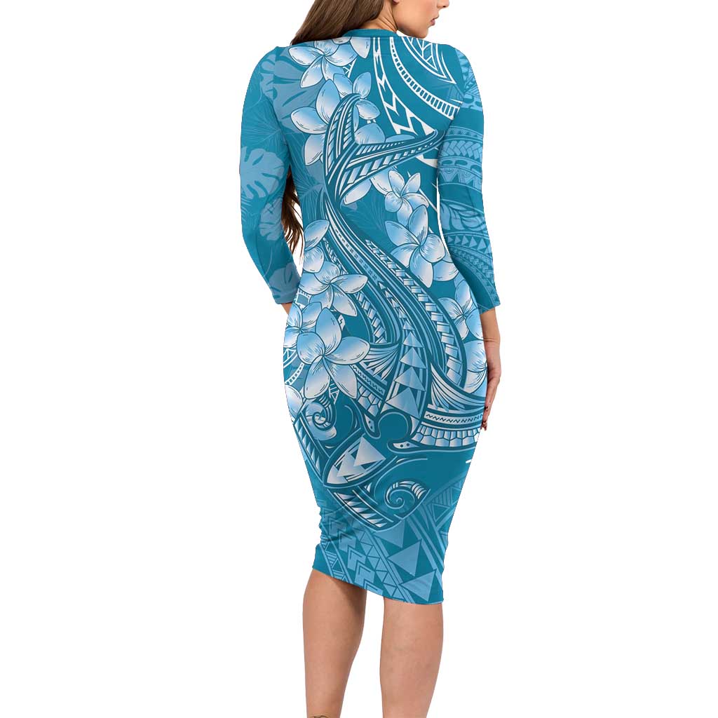 Blue Polynesia Hammerhead Shark Tattoo With Plumeria Lei Family Matching Long Sleeve Bodycon Dress and Hawaiian Shirt