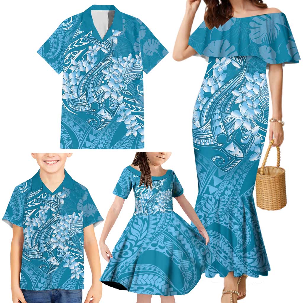 Blue Polynesia Hammerhead Shark Tattoo With Plumeria Lei Family Matching Mermaid Dress and Hawaiian Shirt