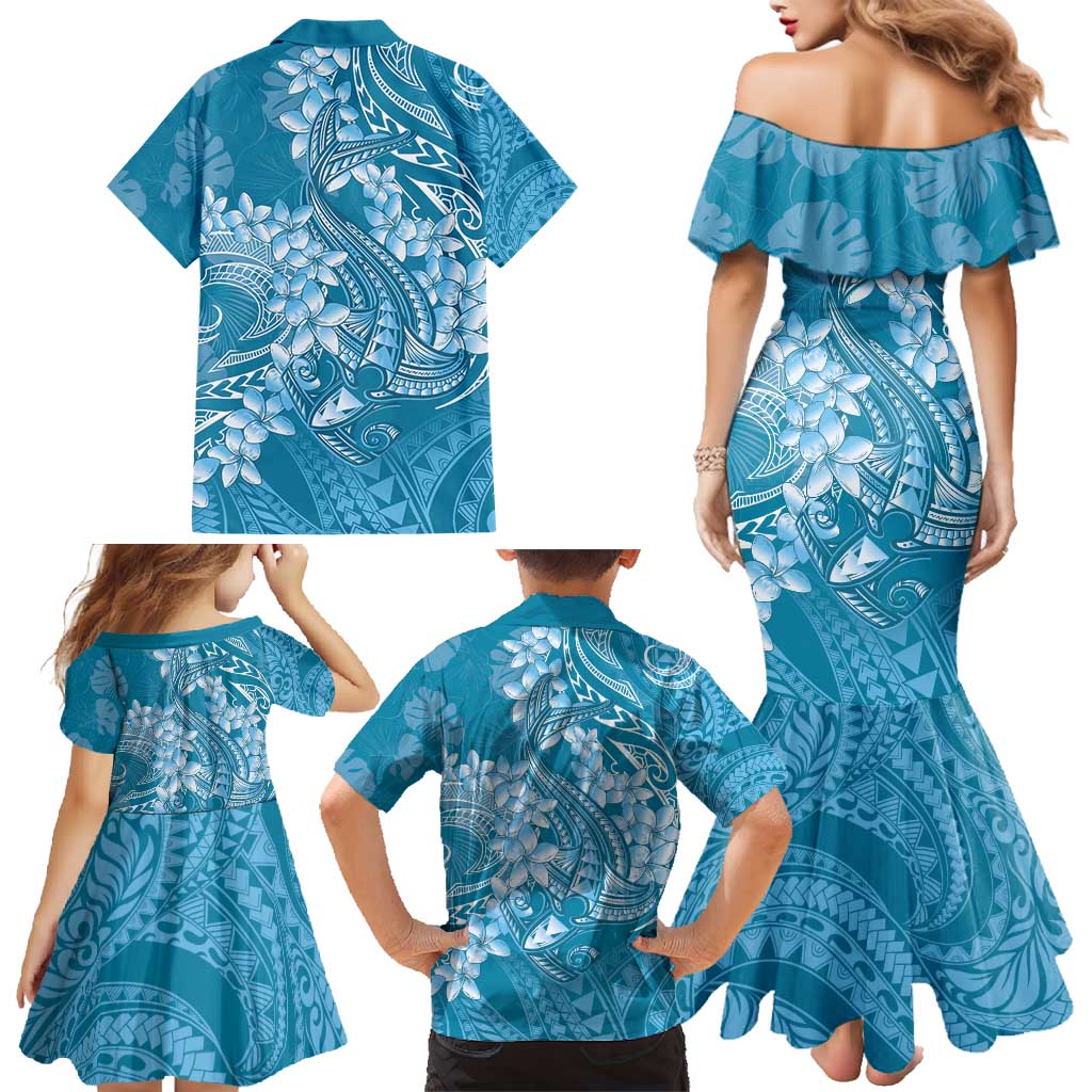 Blue Polynesia Hammerhead Shark Tattoo With Plumeria Lei Family Matching Mermaid Dress and Hawaiian Shirt