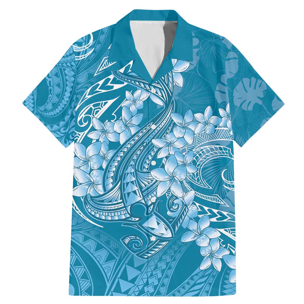 Blue Polynesia Hammerhead Shark Tattoo With Plumeria Lei Family Matching Mermaid Dress and Hawaiian Shirt