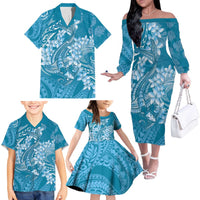 Blue Polynesia Hammerhead Shark Tattoo With Plumeria Lei Family Matching Off The Shoulder Long Sleeve Dress and Hawaiian Shirt