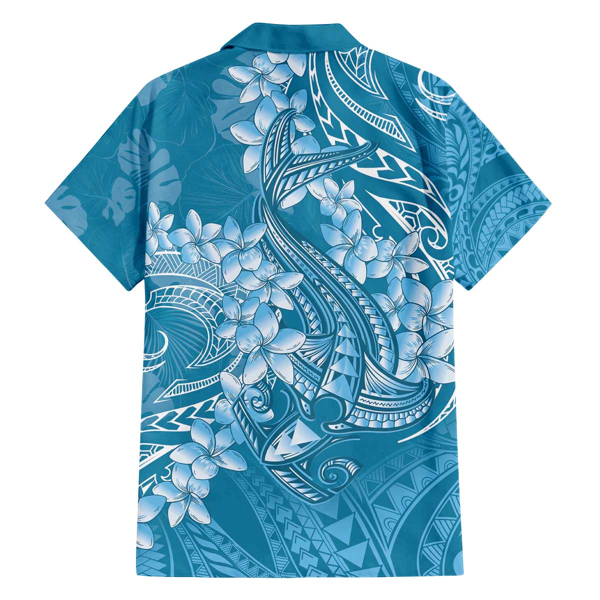 Blue Polynesia Hammerhead Shark Tattoo With Plumeria Lei Family Matching Off The Shoulder Long Sleeve Dress and Hawaiian Shirt