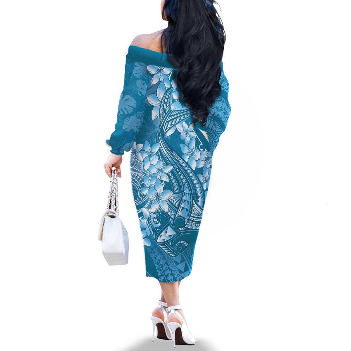 Blue Polynesia Hammerhead Shark Tattoo With Plumeria Lei Family Matching Off The Shoulder Long Sleeve Dress and Hawaiian Shirt