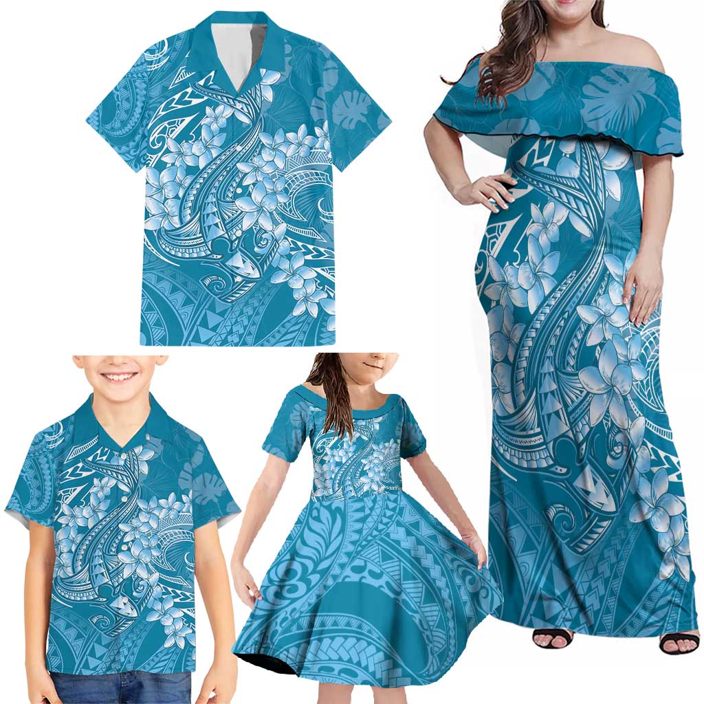 Blue Polynesia Hammerhead Shark Tattoo With Plumeria Lei Family Matching Off Shoulder Maxi Dress and Hawaiian Shirt