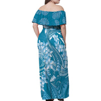 Blue Polynesia Hammerhead Shark Tattoo With Plumeria Lei Family Matching Off Shoulder Maxi Dress and Hawaiian Shirt