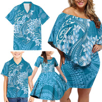 Blue Polynesia Hammerhead Shark Tattoo With Plumeria Lei Family Matching Off Shoulder Short Dress and Hawaiian Shirt