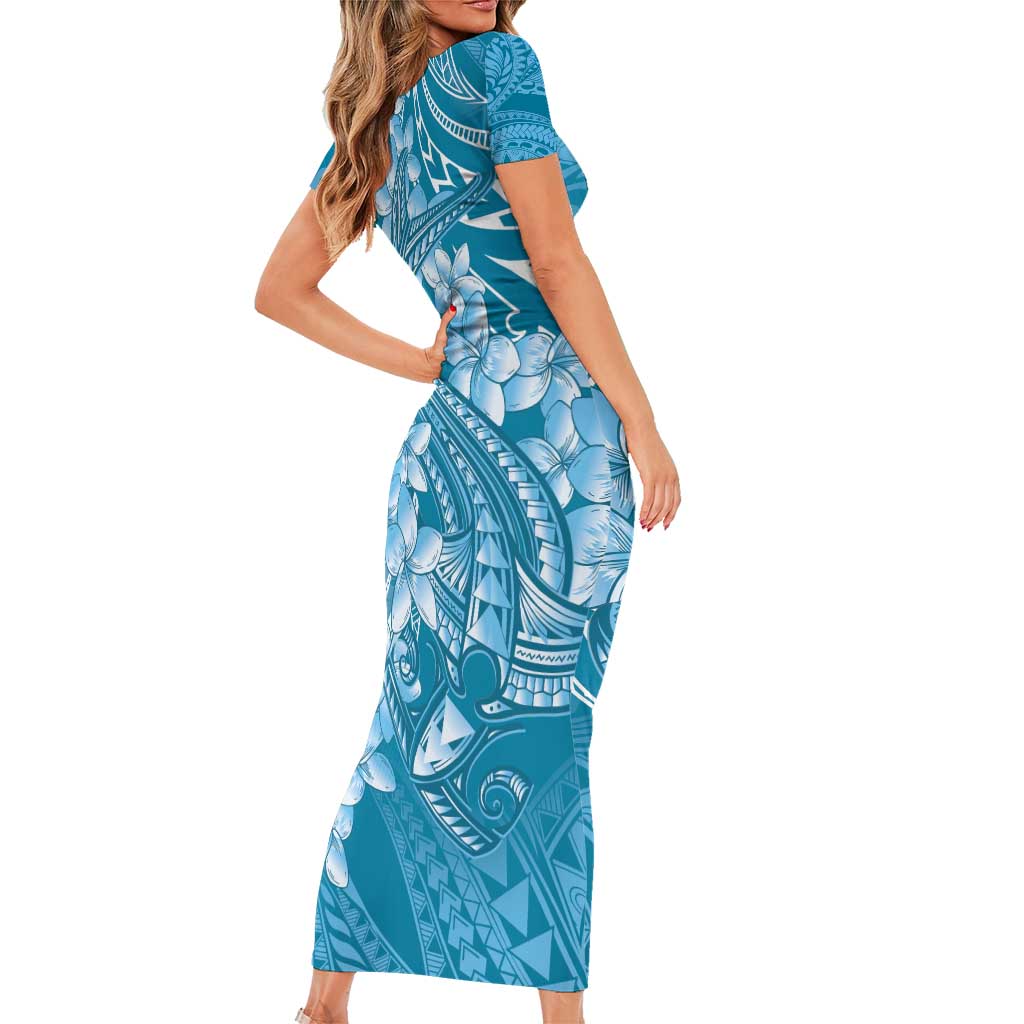 Blue Polynesia Hammerhead Shark Tattoo With Plumeria Lei Family Matching Short Sleeve Bodycon Dress and Hawaiian Shirt