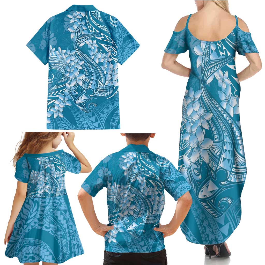 Blue Polynesia Hammerhead Shark Tattoo With Plumeria Lei Family Matching Summer Maxi Dress and Hawaiian Shirt
