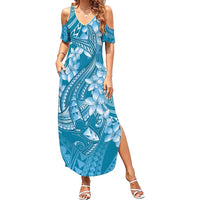 Blue Polynesia Hammerhead Shark Tattoo With Plumeria Lei Family Matching Summer Maxi Dress and Hawaiian Shirt