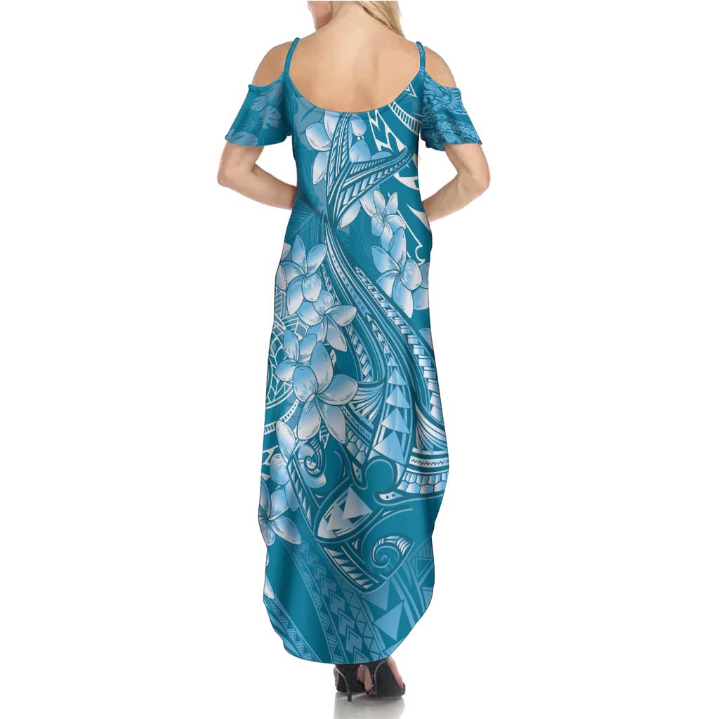 Blue Polynesia Hammerhead Shark Tattoo With Plumeria Lei Family Matching Summer Maxi Dress and Hawaiian Shirt