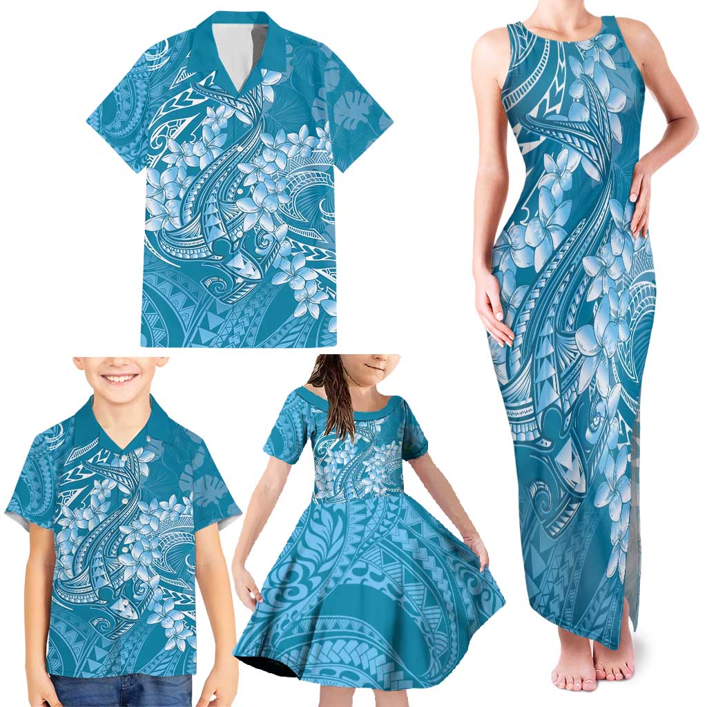 Blue Polynesia Hammerhead Shark Tattoo With Plumeria Lei Family Matching Tank Maxi Dress and Hawaiian Shirt