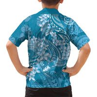 Blue Polynesia Hammerhead Shark Tattoo With Plumeria Lei Kid Hawaiian Shirt