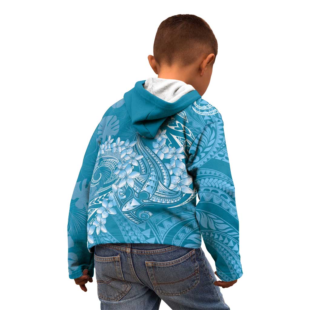 Blue Polynesia Hammerhead Shark Tattoo With Plumeria Lei Kid Hoodie