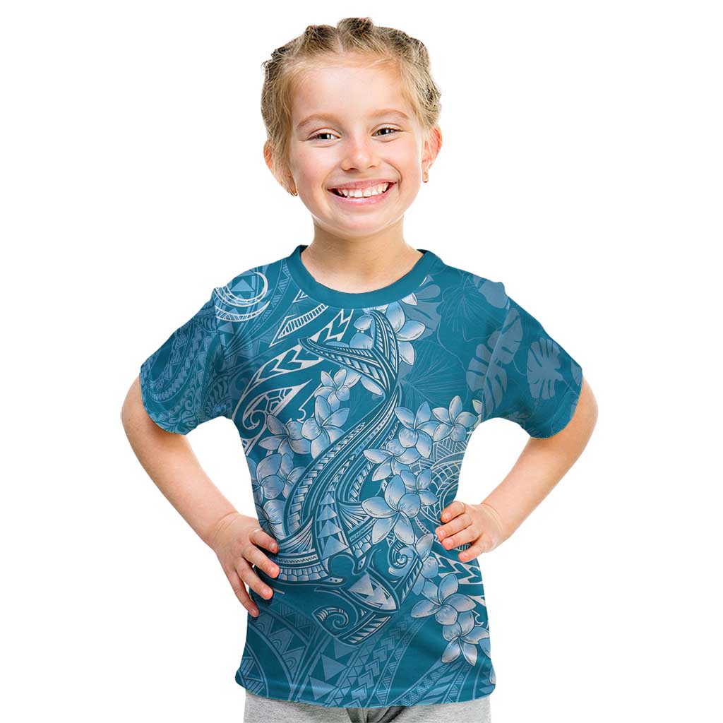 Blue Polynesia Hammerhead Shark Tattoo With Plumeria Lei Kid T Shirt LT14 Blue - Polynesian Pride