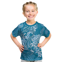 Blue Polynesia Hammerhead Shark Tattoo With Plumeria Lei Kid T Shirt