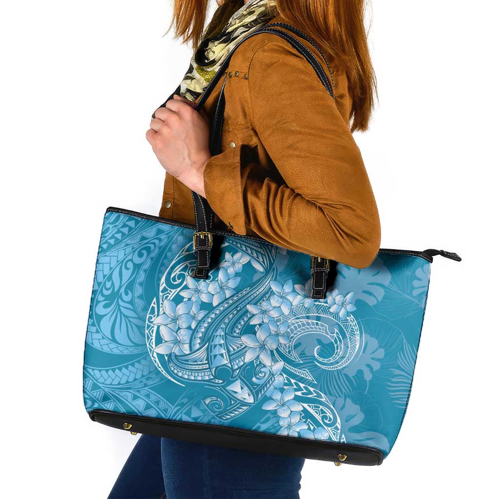 Blue Polynesia Hammerhead Shark Tattoo With Plumeria Lei Leather Tote Bag LT14 Blue - Polynesian Pride