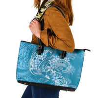 Blue Polynesia Hammerhead Shark Tattoo With Plumeria Lei Leather Tote Bag LT14 Blue - Polynesian Pride