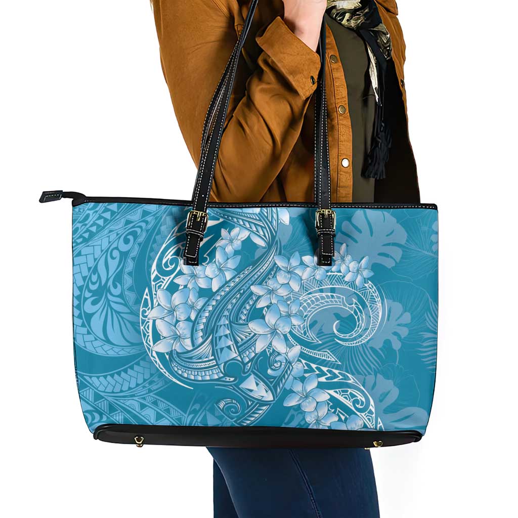 Blue Polynesia Hammerhead Shark Tattoo With Plumeria Lei Leather Tote Bag LT14 - Polynesian Pride