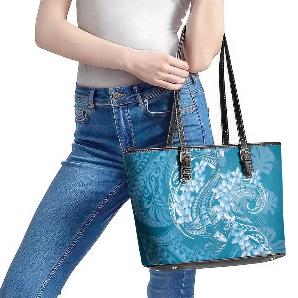 Blue Polynesia Hammerhead Shark Tattoo With Plumeria Lei Leather Tote Bag LT14 - Polynesian Pride