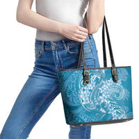 Blue Polynesia Hammerhead Shark Tattoo With Plumeria Lei Leather Tote Bag LT14 - Polynesian Pride