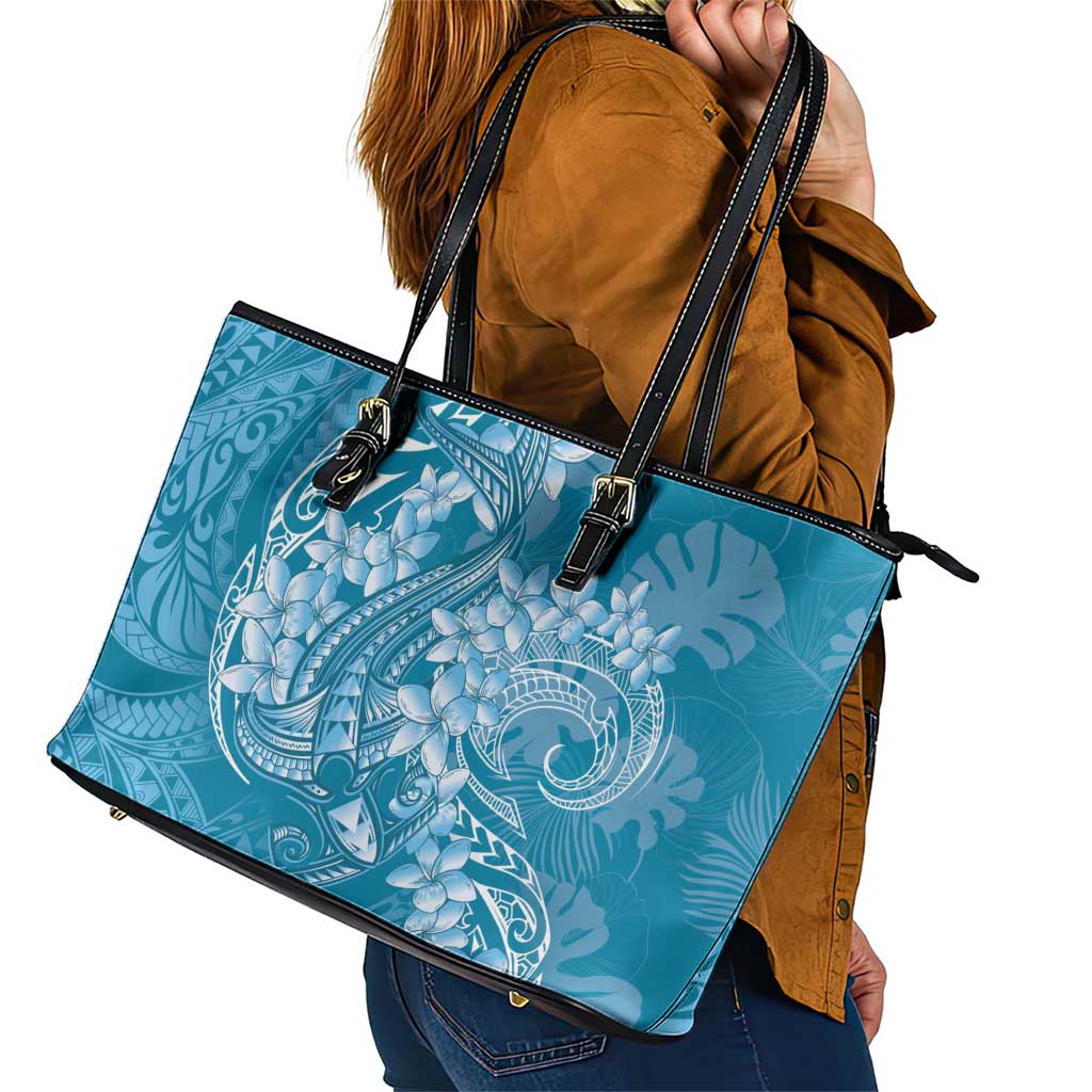 Blue Polynesia Hammerhead Shark Tattoo With Plumeria Lei Leather Tote Bag LT14 - Polynesian Pride