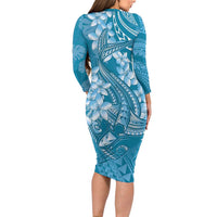 Blue Polynesia Hammerhead Shark Tattoo With Plumeria Lei Long Sleeve Bodycon Dress