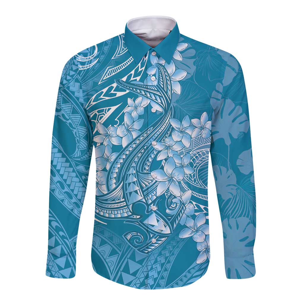 Blue Polynesia Hammerhead Shark Tattoo With Plumeria Lei Long Sleeve Button Shirt
