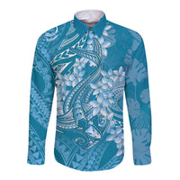 Blue Polynesia Hammerhead Shark Tattoo With Plumeria Lei Long Sleeve Button Shirt