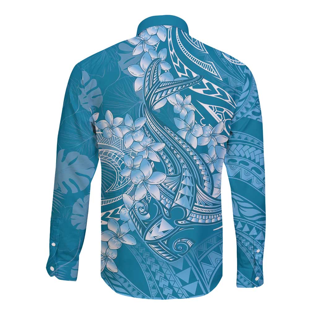 Blue Polynesia Hammerhead Shark Tattoo With Plumeria Lei Long Sleeve Button Shirt