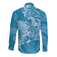 Blue Polynesia Hammerhead Shark Tattoo With Plumeria Lei Long Sleeve Button Shirt