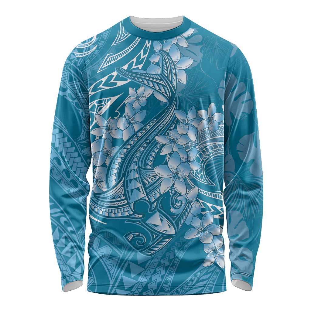 Blue Polynesia Hammerhead Shark Tattoo With Plumeria Lei Long Sleeve Shirt LT14 Unisex Blue - Polynesian Pride