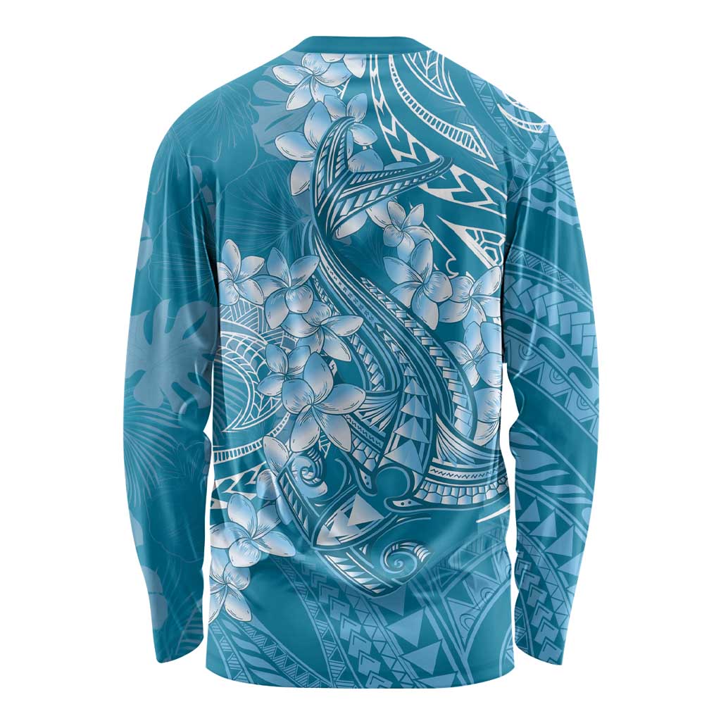 Blue Polynesia Hammerhead Shark Tattoo With Plumeria Lei Long Sleeve Shirt