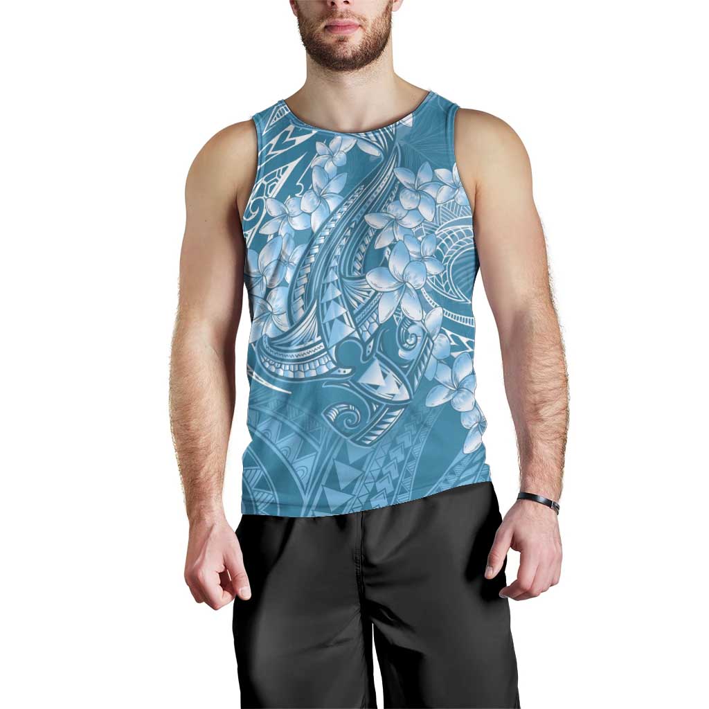 Blue Polynesia Hammerhead Shark Tattoo With Plumeria Lei Men Tank Top