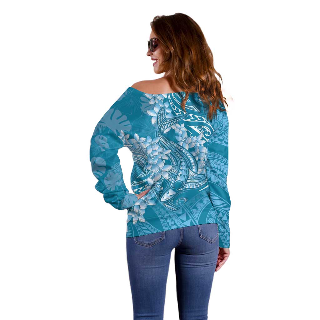 Blue Polynesia Hammerhead Shark Tattoo With Plumeria Lei Off Shoulder Sweater