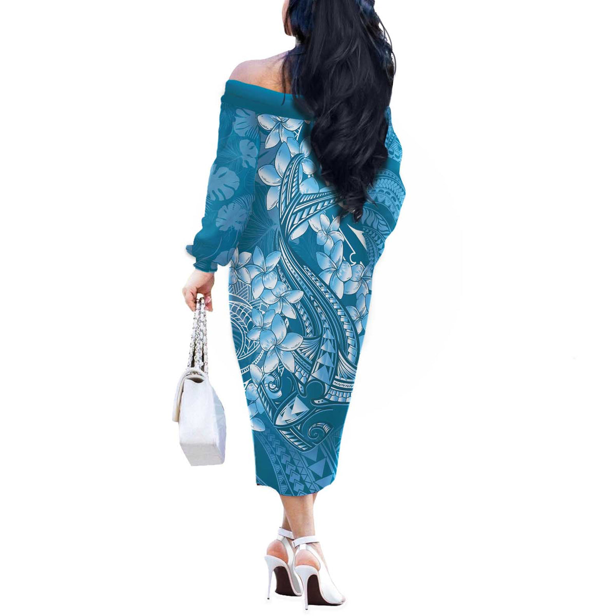 Blue Polynesia Hammerhead Shark Tattoo With Plumeria Lei Off The Shoulder Long Sleeve Dress