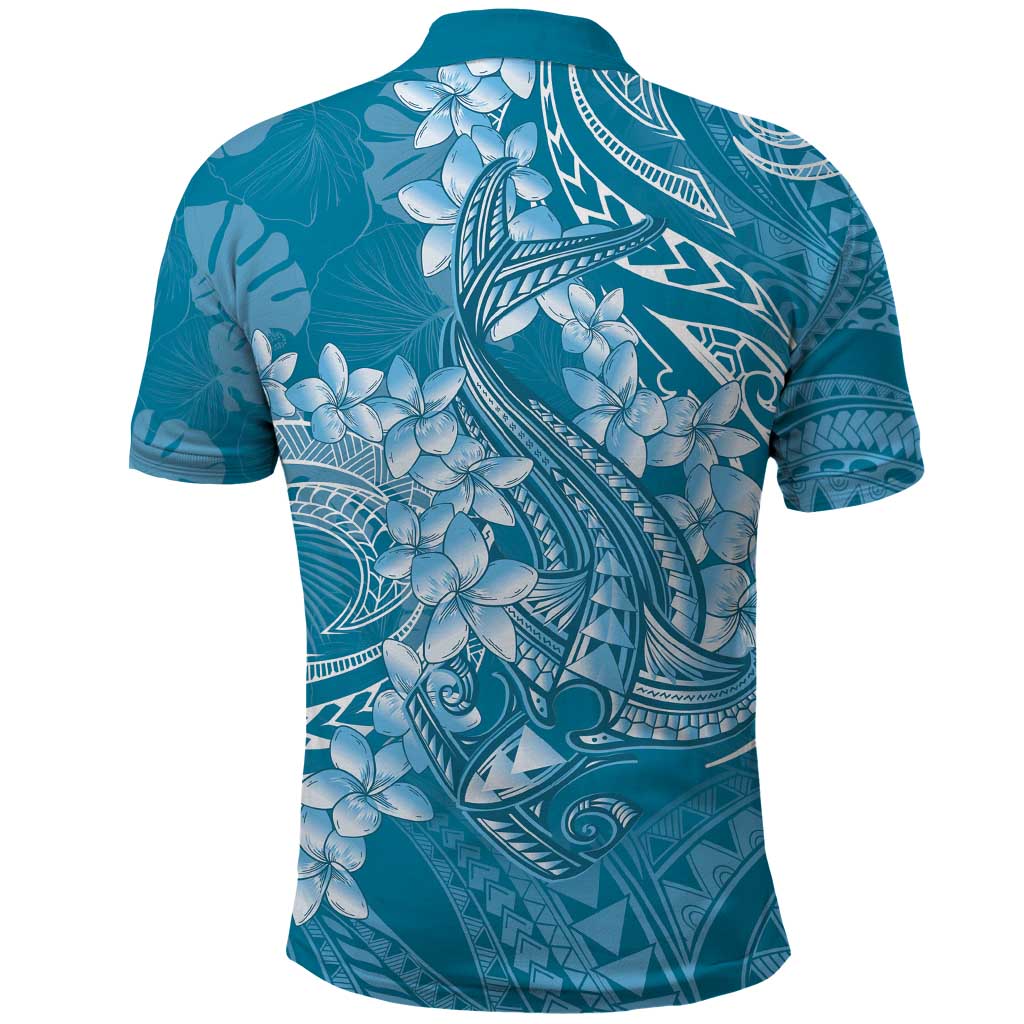 Blue Polynesia Hammerhead Shark Tattoo With Plumeria Lei Polo Shirt