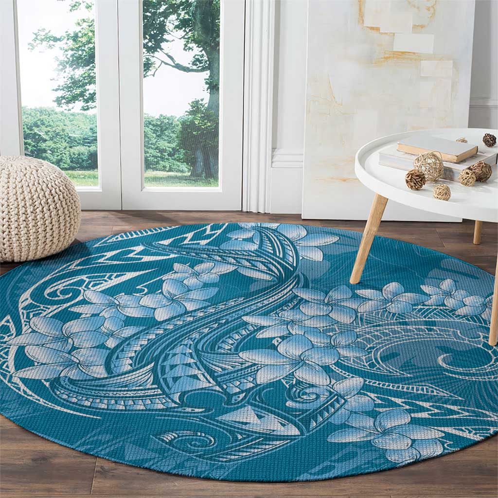 Blue Polynesia Hammerhead Shark Tattoo With Plumeria Lei Round Carpet