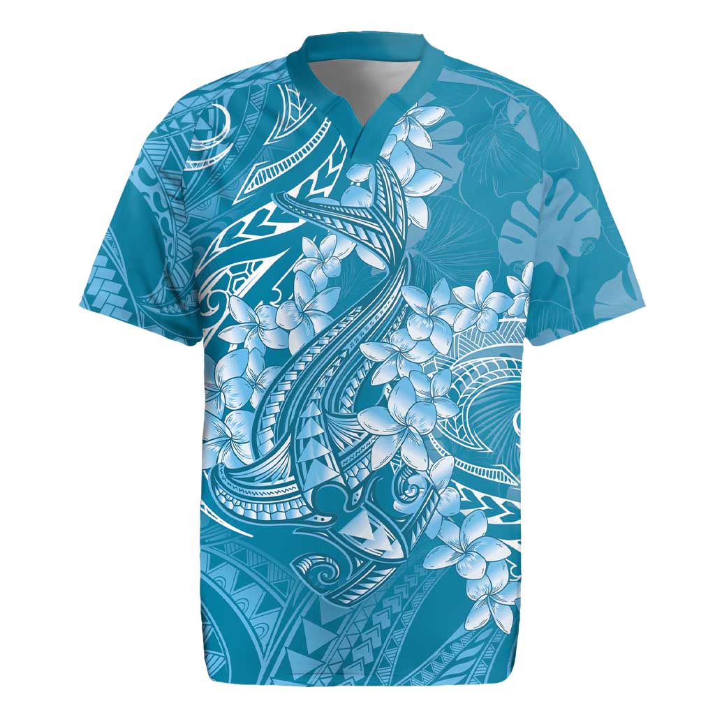 Blue Polynesia Hammerhead Shark Tattoo With Plumeria Lei Rugby Jersey LT14 Blue - Polynesian Pride