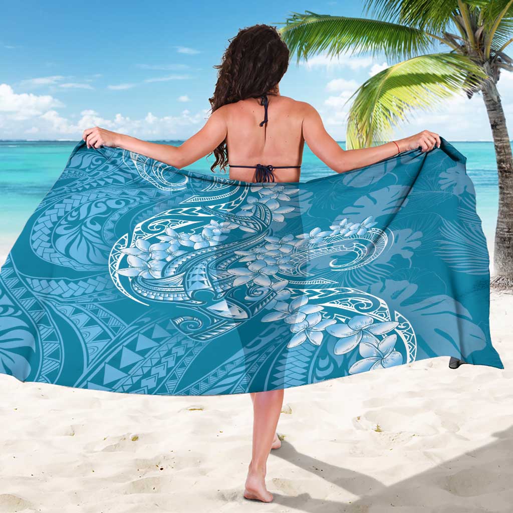 Blue Polynesia Hammerhead Shark Tattoo With Plumeria Lei Sarong
