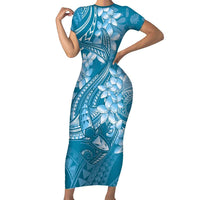 Blue Polynesia Hammerhead Shark Tattoo With Plumeria Lei Short Sleeve Bodycon Dress